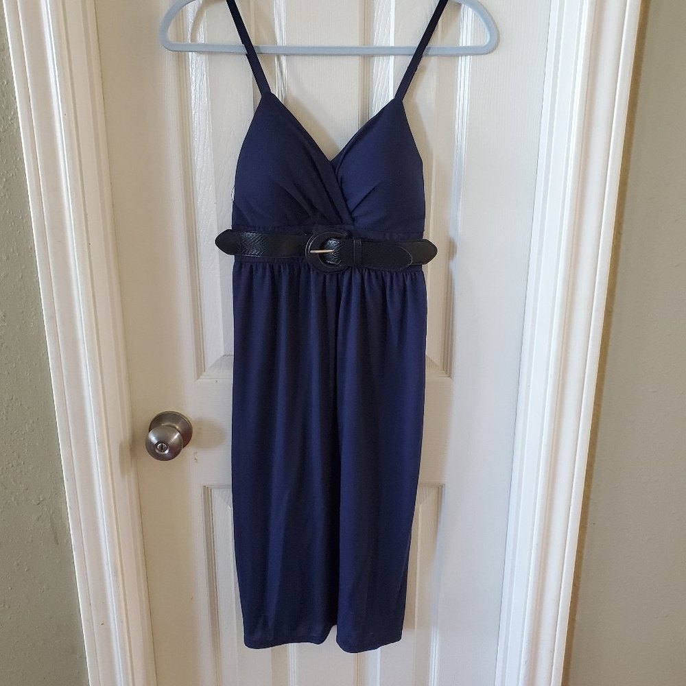 Cute Dark Blue Dress with Straps with Fake Belt